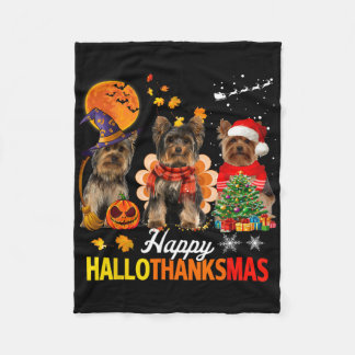 Cute Yorkie Happy Hallothanksmas Halloween Thanksg Fleece Blanket