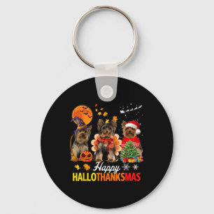 Cute Yorkie Happy Hallothanksmas Halloween Thanksg Keychain