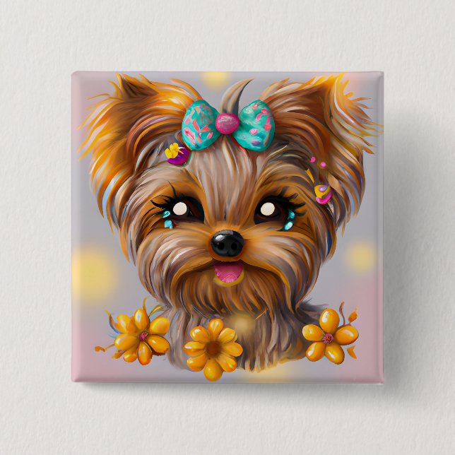 Cute Yorkie Kawaii Puppy  2 Inch Square Button (Front)