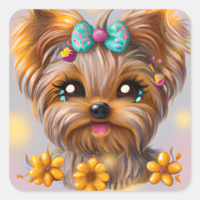 Cute Yorkie Kawaii Puppy  Square Sticker (Front)