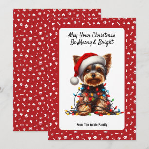 Cute Yorkie On Santa Hat And Christmas Light  Holiday Card