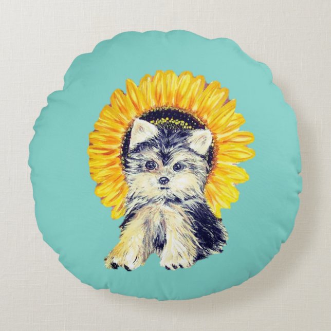 Cute Yorkie Puppy Dog & Sunflower on Teal Round Pillow (Front)