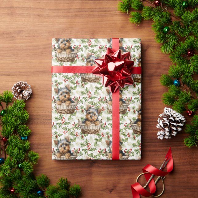 Cute Yorkie Puppy in Basket Christmas Holly  Wrapping Paper (Holiday Gift)