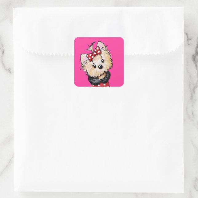 Cute Yorkie Red and Pink Square Sticker (Bag)
