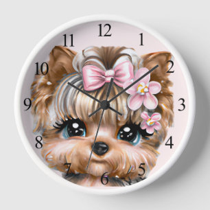Cute Yorkie With a Pink Bow   Clock