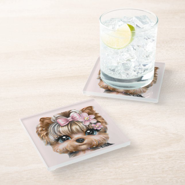 Cute Yorkie With a Pink Bow    Glass Coaster (Angled)