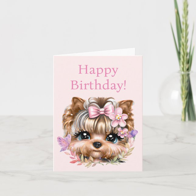 Cute Yorkie With a Pink Bow  Holiday Card (Front)