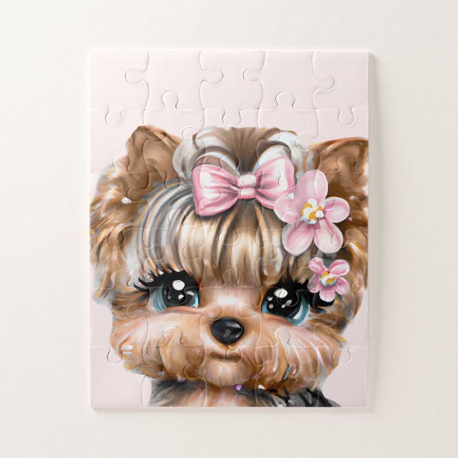 Cute Yorkie With a Pink Bow   Jigsaw Puzzle (Vertical)