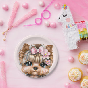 Cute Yorkie With a Pink Bow  Paper Plate