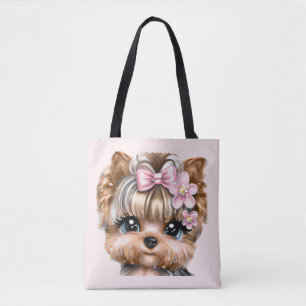 Cute Yorkie With a Pink Bow Tote Bag