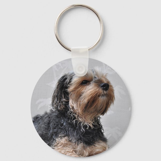 Cute Yorkie Yorkshire Terrier Sunbathing Keychain (Front)