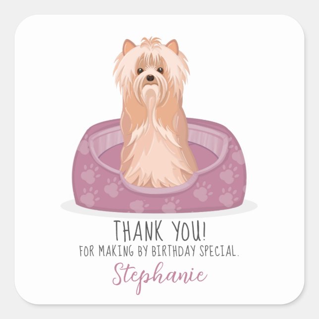 Cute Yorkshire Terrier Birthday Square Sticker (Front)