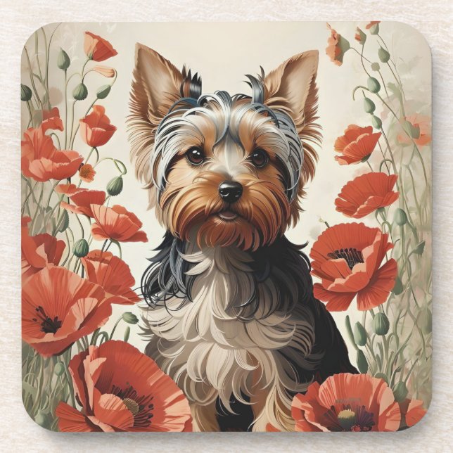 Cute Yorkshire Terrier Botanical Red Poppies Coaster (Front)