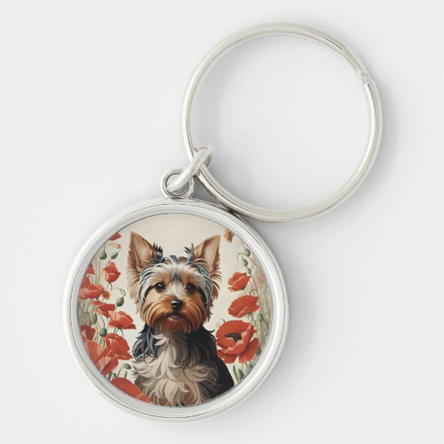 Cute Yorkshire Terrier Botanical Red Poppies Keychain (Front)