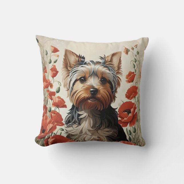 Cute Yorkshire Terrier Botanical Red Poppies Throw Pillow (Front)