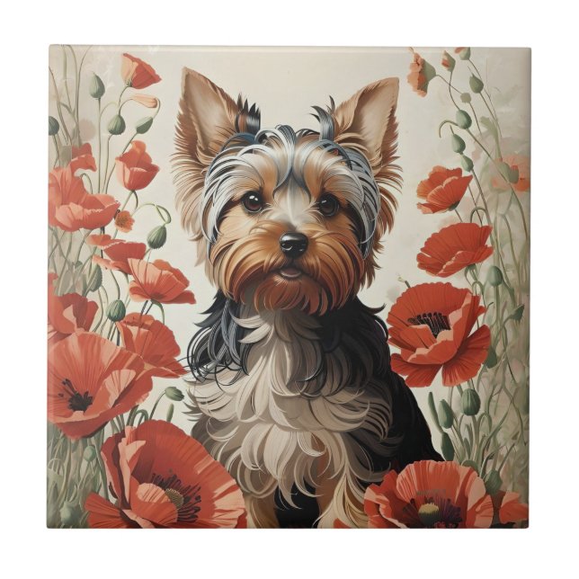 Cute Yorkshire Terrier Botanical Red Poppies Tile (Front)