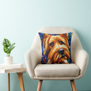Cute Yorkshire Terrier Dog Painting Poster Throw Pillow