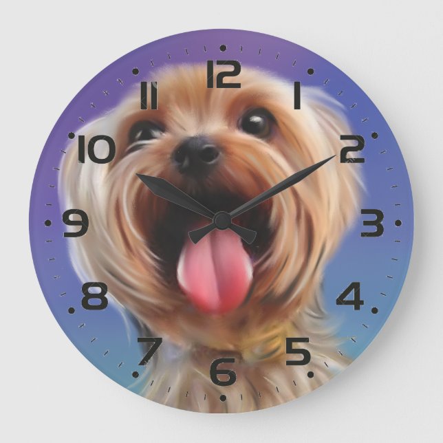 Cute Yorkshire terrier dog puppy digital painting Large Clock (Front)
