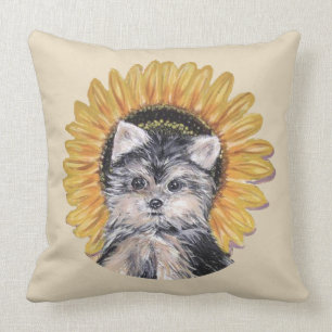 Cute Yorkshire Terrier Dog & Sunflower on Beige Throw Pillow