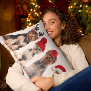 Cute Yorkshire Terrier Dogs With Christmas Hats Lumbar Pillow