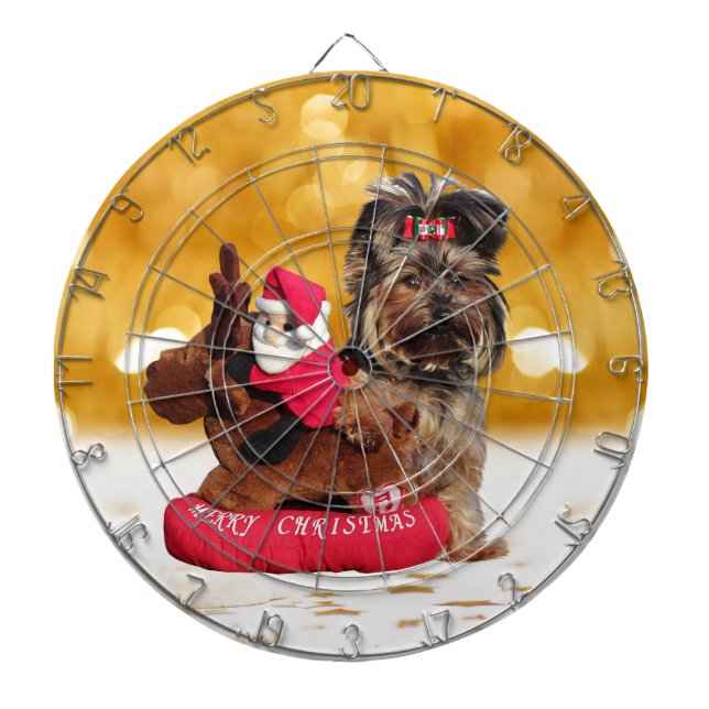 Cute Yorkshire Terrier Merry Christmas Dartboard (Front)