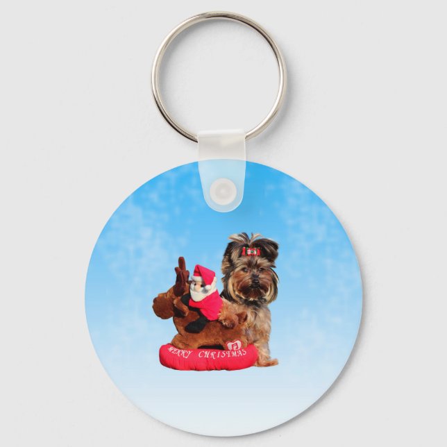 Cute Yorkshire Terrier Merry Christmas Keychain (Front)