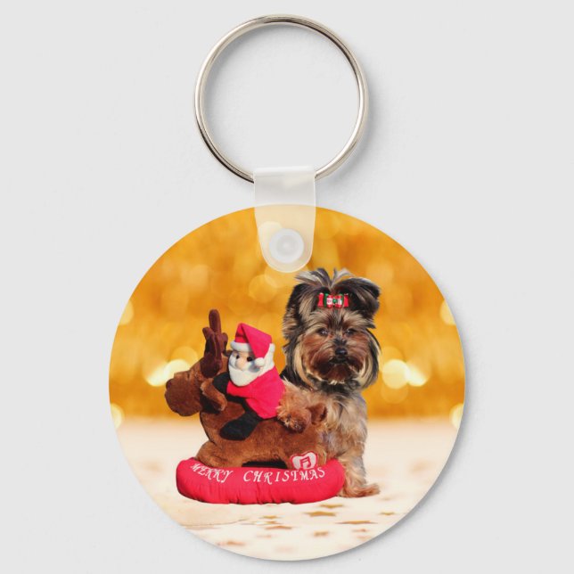 Cute Yorkshire Terrier Merry Christmas Keychain (Front)