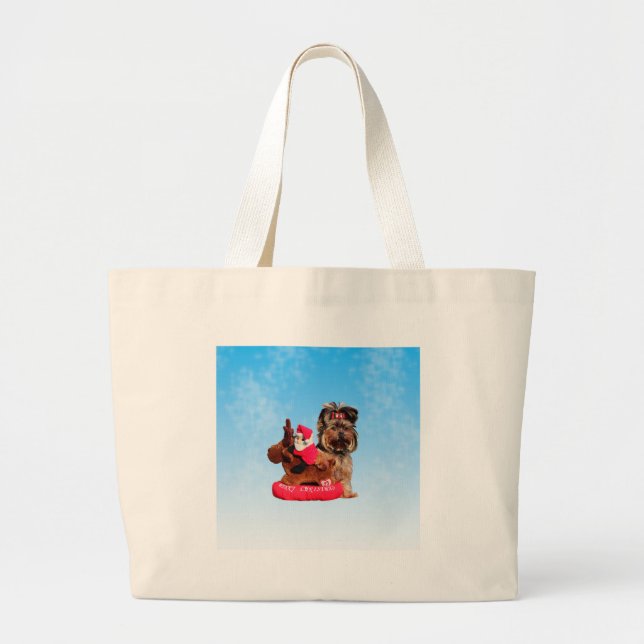 Cute Yorkshire Terrier Merry Christmas Large Tote Bag (Front)