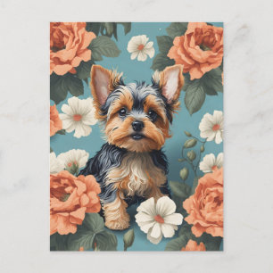 Cute Yorkshire Terrier Puppy Floral Postcard