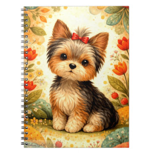 Cute Yorkshire Terrier Puppy with Red Bow Notebook