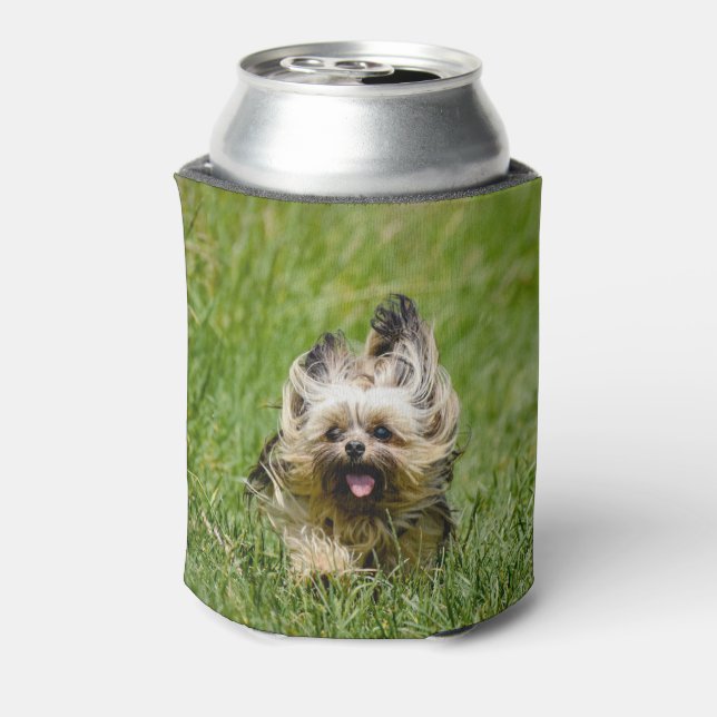 Cute Yorkshire Terrier Running Through Grass Can Cooler (Can Back)