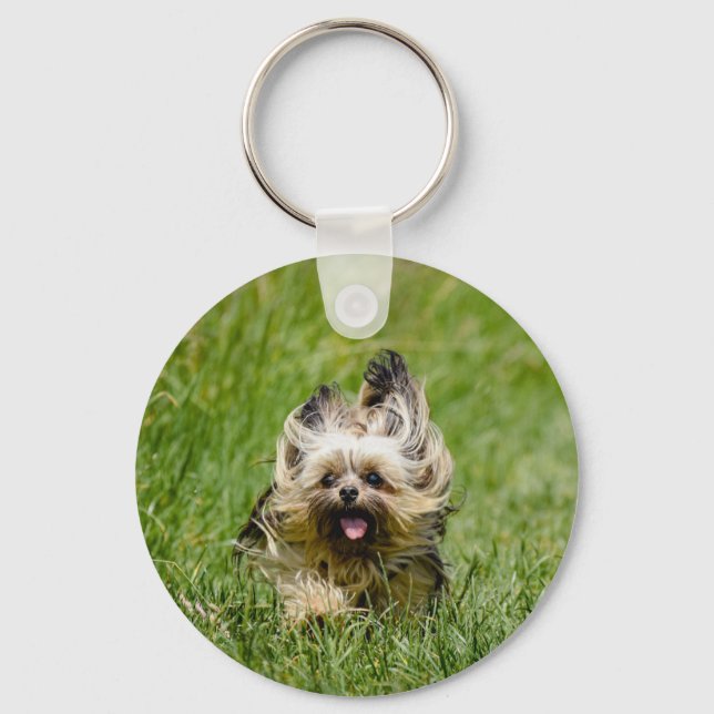 Cute Yorkshire Terrier Running Through Grass Keychain (Front)