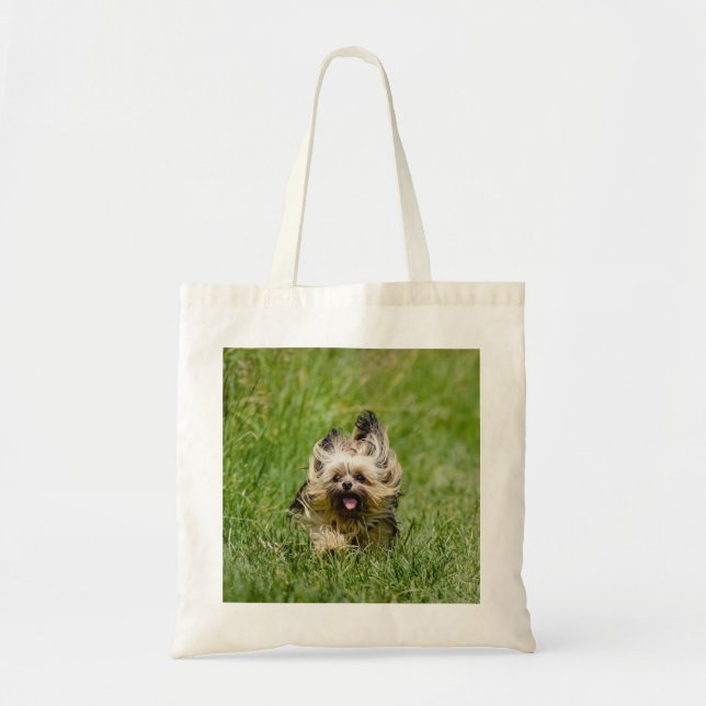 Cute Yorkshire Terrier Running Through Grass Tote Bag (Front)