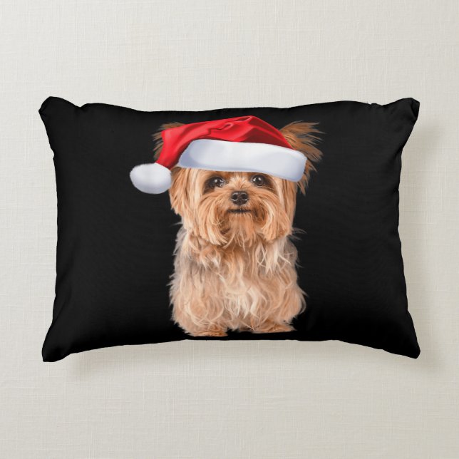 Cute Yorkshire Terrier Santa Puppy Christmas Accent Pillow (Front)