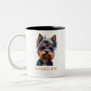 Cute Yorkshire Terrier Wearing Sunglasses Two-Tone Coffee Mug
