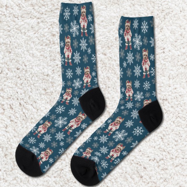 Cute Yorkshire Terrier Winter Navy Blue Socks (Creator Uploaded)