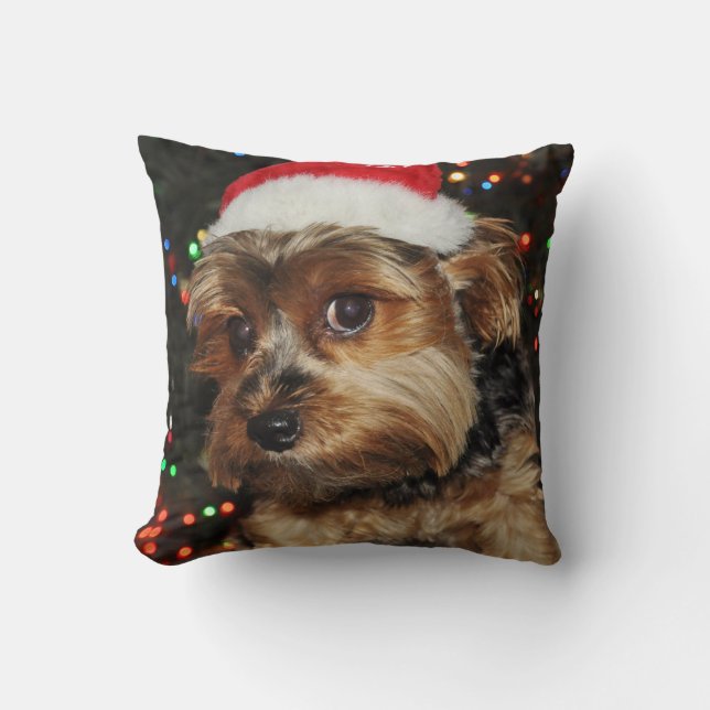 Cute Yorkshire terrier with Santa Hat Throw Pillow (Front)
