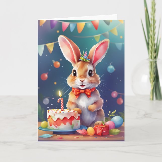 Cute young rabbit with birthday cake! | Card (Front)