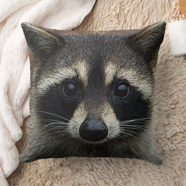 Cute Young Raccoon Face Mask and Stare Close Up Throw Pillow (Blanket)