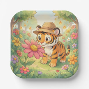 Cute young tiger with hat in garden paper plate