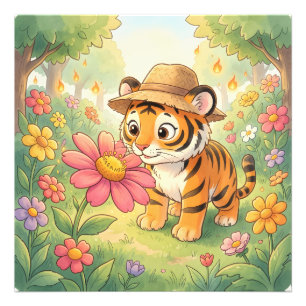 Cute young tiger with hat in garden photo print