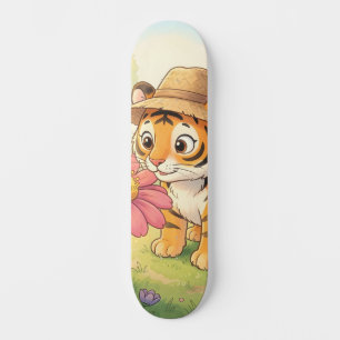 Cute young tiger with hat in garden skateboard