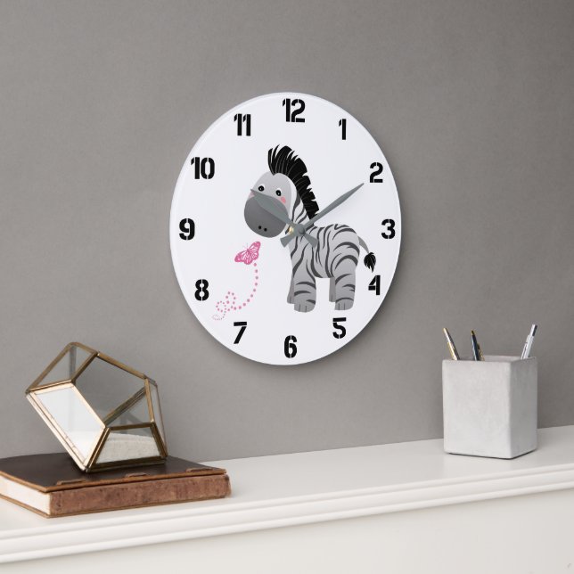 Cute Zebra and Butterfly Nursery Large Clock (Office)