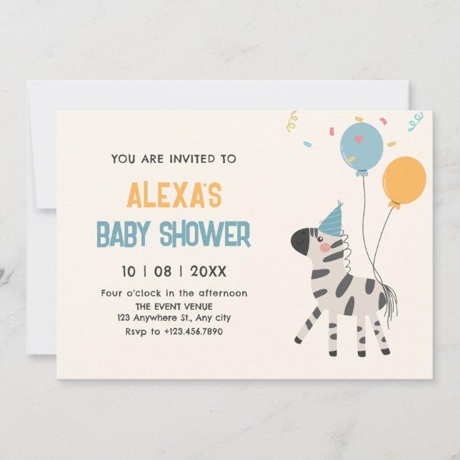 Cute zebra balloons invitation (Front)