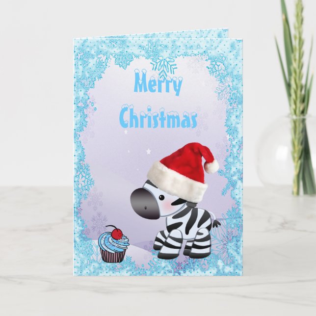 Cute Zebra & Blue Cupcake Christmas Card (Front)