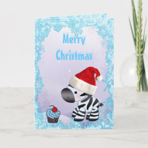 Cute Zebra & Blue Cupcake Christmas Card