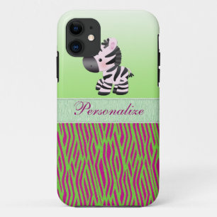 Cute Zebra Faux Green & Pink Texture Animal Print iPhone 11 Case