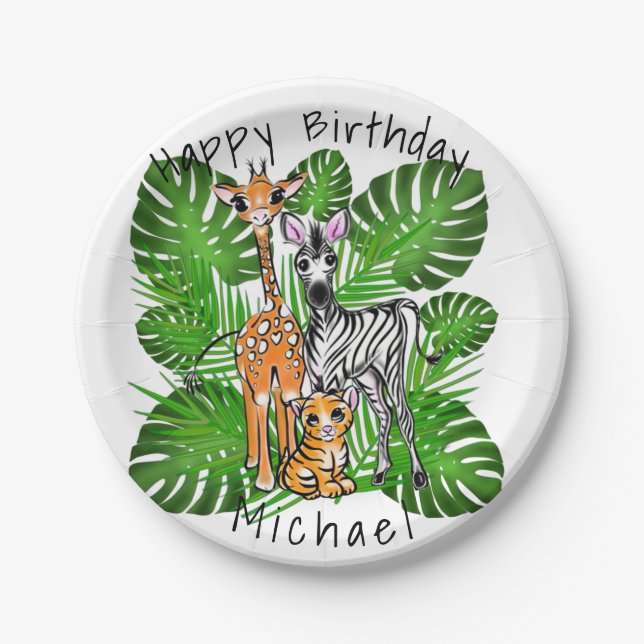 Cute zebra giraffe tiger jungle theme paper plate (Front)