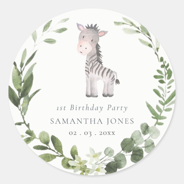 Cute Zebra Green Foliage Wreath Any Year Birthday  Classic Round Sticker (Front)