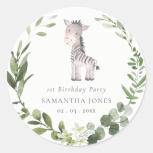 Cute Zebra Green Foliage Wreath Any Year Birthday Classic Round Sticker